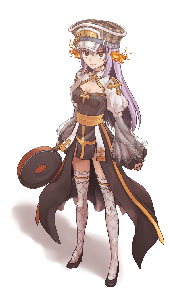 1girl arch_bishop_(ragnarok_online) black_footwear breasts brown_eyes brown_hat cleavage closed_mouth cross english_text fire frying_pan hat high_heels holding holding_frying_pan light_purple_hair long_sleeves puffy_sleeves purple_hair ragnarok_online see-through_clothes simple_background sleeves_past_wrists smile solo standing susukinohukurou turtleneck white_background white_legwear