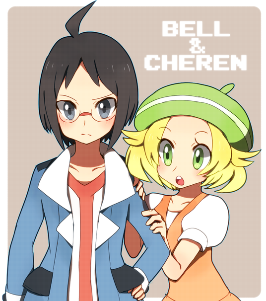 1boy 1girl ahoge ako_(ako0905) bianca_(pokemon) black_hair blonde_hair blue_jacket character_name cheren_(pokemon) closed_mouth commentary_request glasses green_eyes green_hat hand_on_another&#039;s_arm hat jacket nintendo open_mouth orange_sweater_vest pokemon pokemon_bw shirt short_hair sweater_vest white_shirt