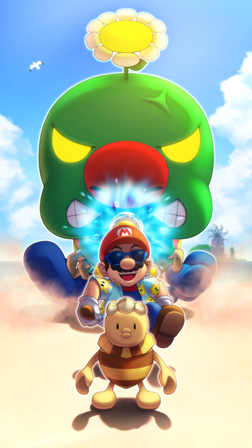 1boy 1other :d anger_vein beach brown_footwear clenched_teeth cloud creature day f.l.u.d.d. facial_hair ferris_wheel flying_sweatdrops full_body green_jacket highres jacket male_focus mario mario_(series) mario_(sunshine) mustache nintendo noki_(mario) open_mouth outdoors red_headwear sand shoes short_sleeves smile sun_print sunglasses super_mario_sunshine taba_neruko teeth upper_teeth_only water wiggler wiggler_(super_mario_sunshine)