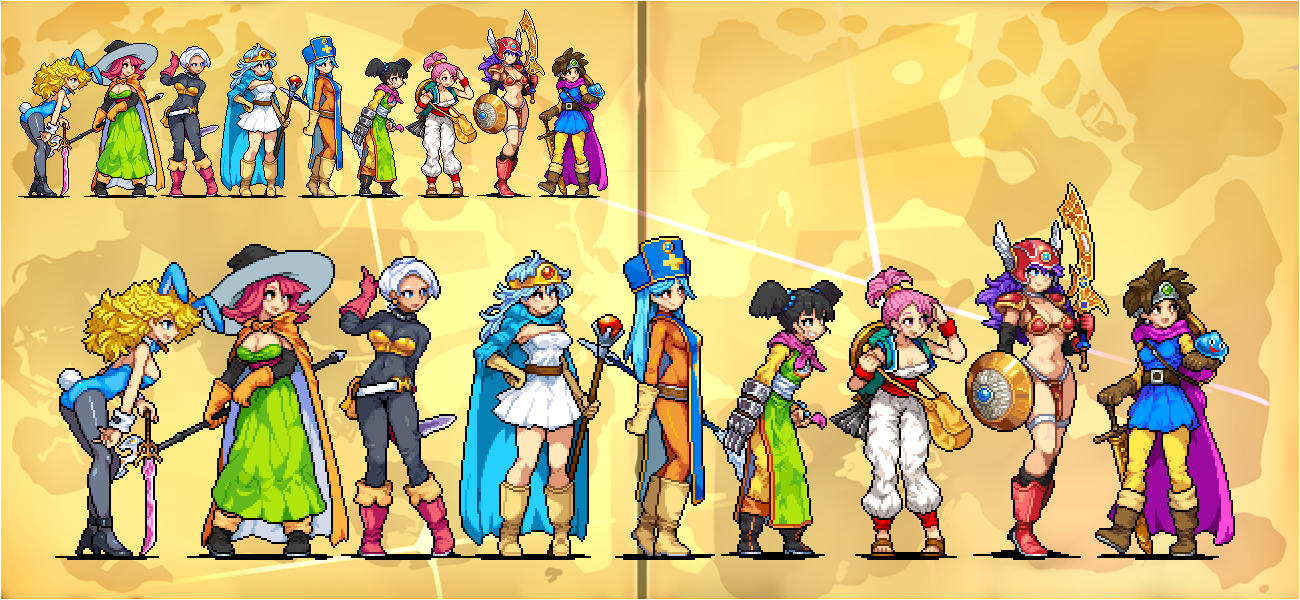 animal_ears aqua_hair armor bikini_armor black_hair blonde_hair blue_eyes blue_hair bodysuit boots breasts brown_hair cape circlet closed_mouth cross dark-skinned_female dark_skin dragon_quest dragon_quest_iii dress earrings elbow_gloves fake_animal_ears martial_artist_(dq3) gloves hat helmet gadabout_(dq3) jewelry long_hair mage_(dq3) medium_breasts merchant_(dq3) mitre multiple_girls navel necklace orange_bodysuit pantyhose pixel_art priest_(dq3) purple_hair rabbit_ears red_armor roto_(dq3) sage_(dq3) shield shirosu short_hair skin_tight smile warrior_(dq3) square_enix staff sword tabard thief_(dq3) weapon white_hair winged_helmet