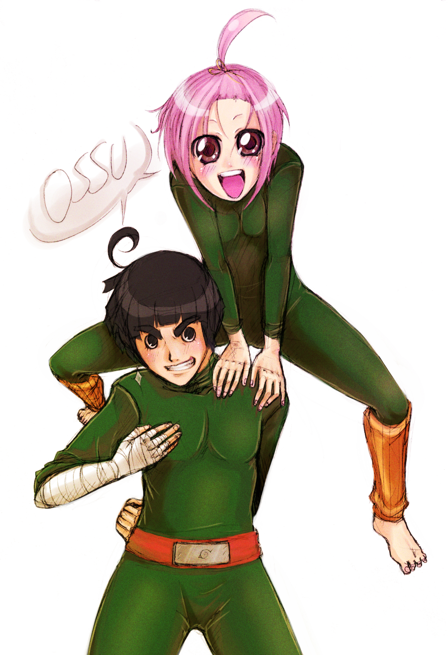 1boy 1girl ahoge airborne artist_request bandages barefoot black_eyes black_hair blush bodysuit bowl_cut breasts brown_eyes crossover fighting_stance forehead_protector grin hair_tie hand_wraps hands_on_another&#039;s_shoulder hands_on_shoulder happy highres in_air jumping jumpsuit konohagakure_symbol kuzuryuu_momoko leg_warmers legs_apart looking_at_viewer matching_hair/eyes naruto_(classic) naruto_(series) open_mouth pink_hair ribbon rock_lee round_teeth smile spandex sparkle sparkling_eyes speech_bubble standing sumomomo_momomo talking teeth thick_eyebrows tongue