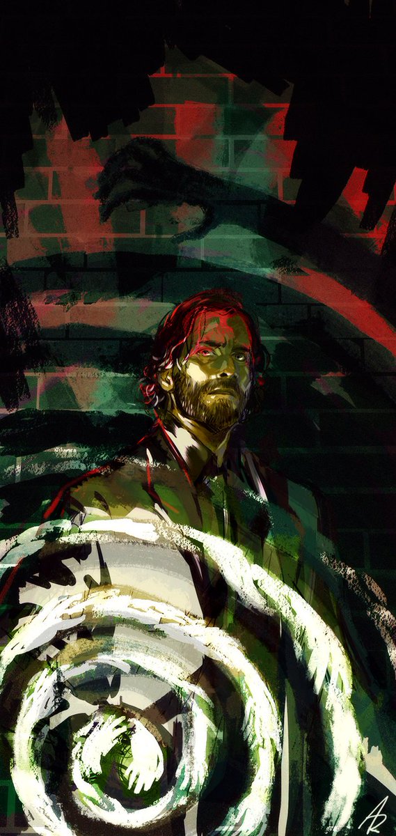 1boy alan_wake alan_wake_(game) asquared_art beard black_eyes black_suit brick_wall brown_hair facial_hair formal_clothes highres male_focus messy_hair narrowed_eyes serious shadow silhouette solo suit swirl wide-eyed
