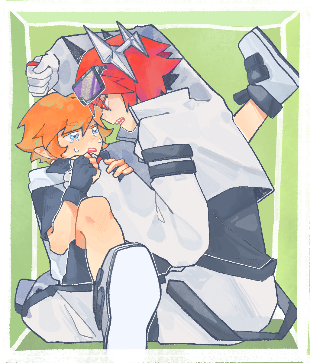 2boys aotu_world arm_ribbon black_gloves black_shirt black_shorts blonde_hair blue_eyes chinese_commentary clothes_grab cropped_jacket crying crying_with_eyes_open eye_contact eyewear_on_head fingerless_gloves gloves goggles goggles_on_head green_background hand_on_another&#039;s_neck hands_on_another&#039;s_arm headgear highres holding_another&#039;s_arm hood hoodie in_container jacket king_(aotu_world) looking_at_another male_focus multiple_boys open_mouth pants pius_(aotu_world) pointy_ears profile red_eyes red_hair ribbon sharp_teeth shirt shoes short_hair shorts simple_background sitting sitting_on_lap sitting_on_person stuck_in_a_box sweatdrop tears teeth white_gloves white_hoodie white_jacket white_pants white_shoes yaoi yu166294