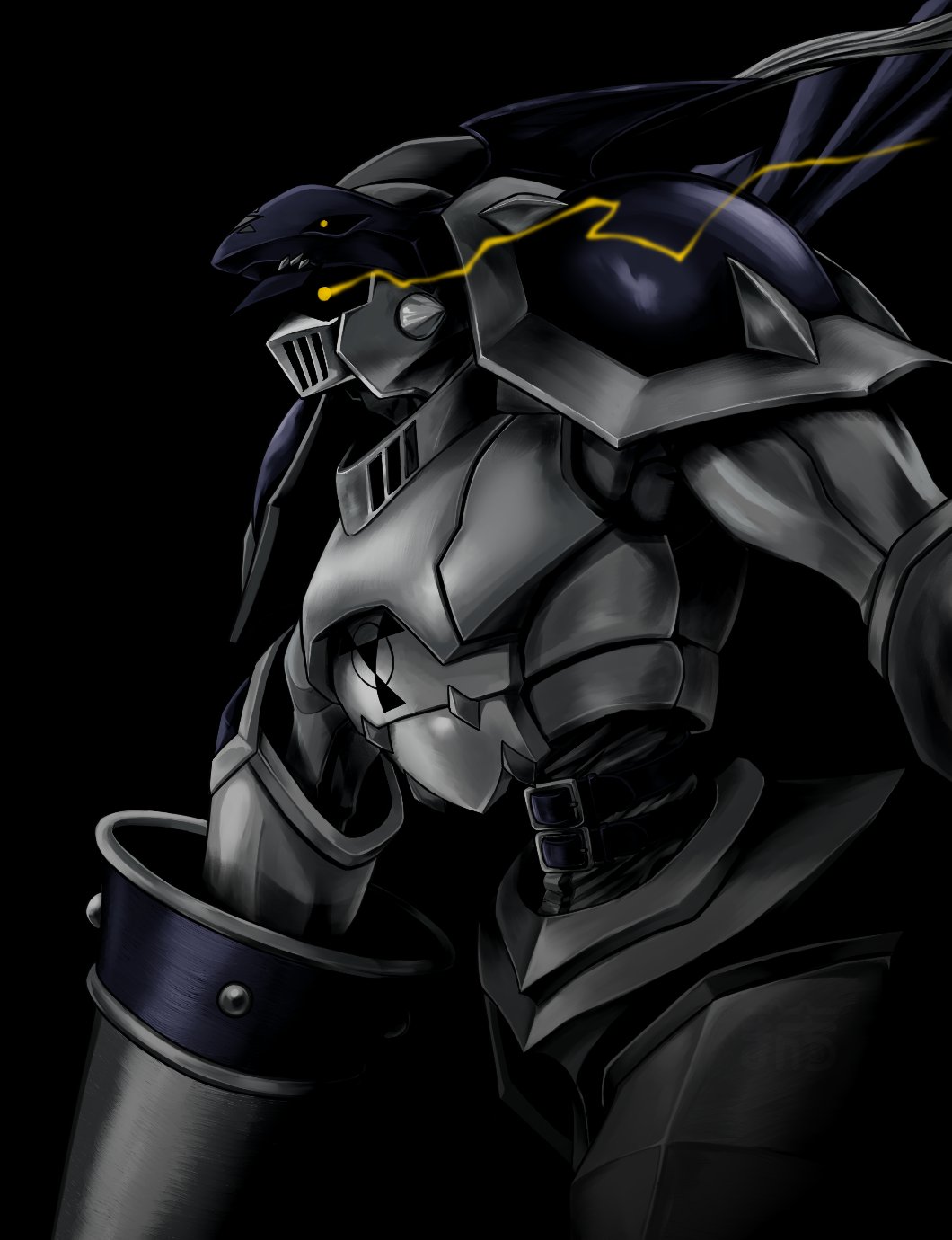 1boy black_background black_cape cape chaosdukemon cowboy_shot dark_background digimon digimon_(creature) eye_trail grey_armor grey_helmet helmet highres holding holding_polearm holding_weapon knight lance light_trail making-of_available manchi_kansuke polearm simple_background solo weapon yellow_eyes