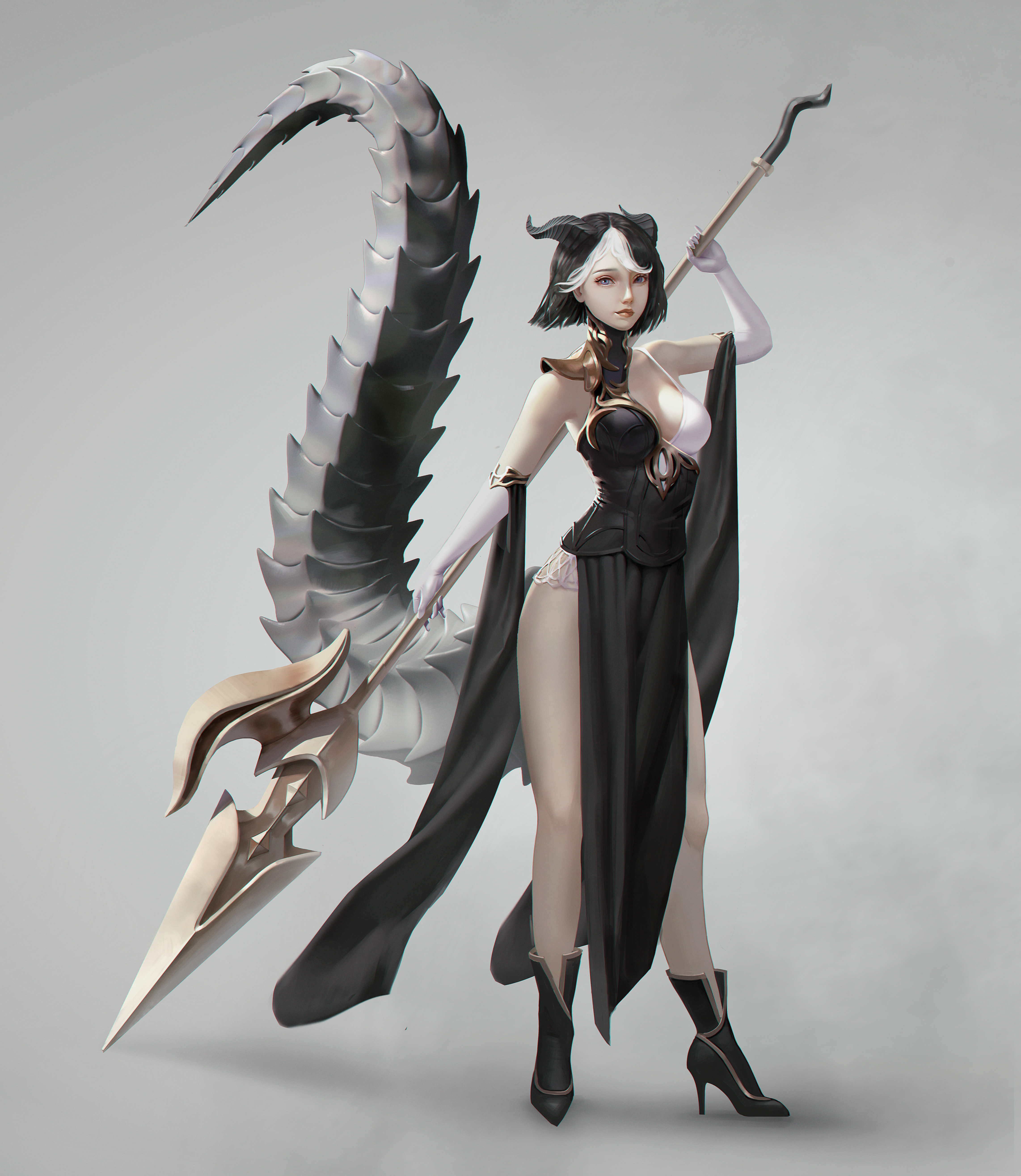 1girl absurdres armor black_dress black_footwear black_hair black_horns breasts colored_skin commentary dragon_tail dress english_commentary fantasy gloves gold_trim gradient_background grey_background grey_scales highres holding holding_polearm holding_weapon horns medium_breasts monster_girl multicolored_hair multicolored_skin olesyaspitz original polearm shadow shoulder_armor side_slit solo spear tail two-tone_dress two-tone_hair two-tone_skin weapon white_dress white_gloves white_hair