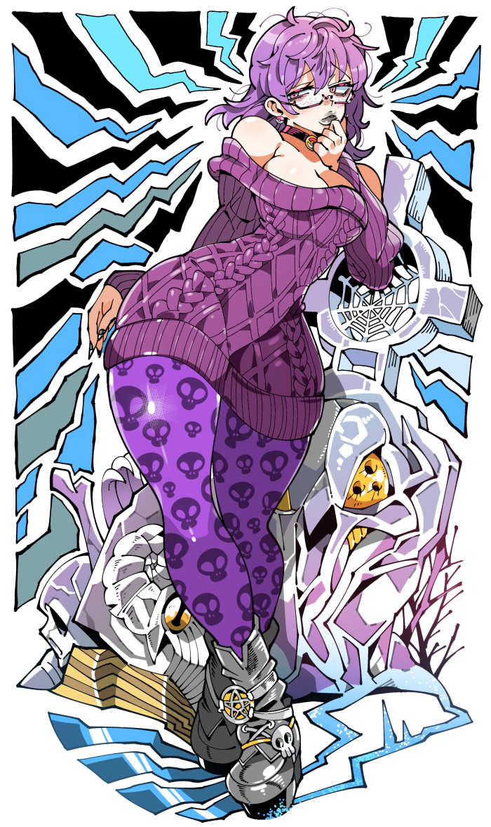 1girl bare_shoulders breasts choker cleavage curvy full_body grey_lips grey_shoes hand_to_own_mouth hand_up kafun long_sleeves looking_to_the_side original pentagram pink_eyes poke_ball_earrings purple_hair purple_sweater shoes silk skull solo spider_web sweater