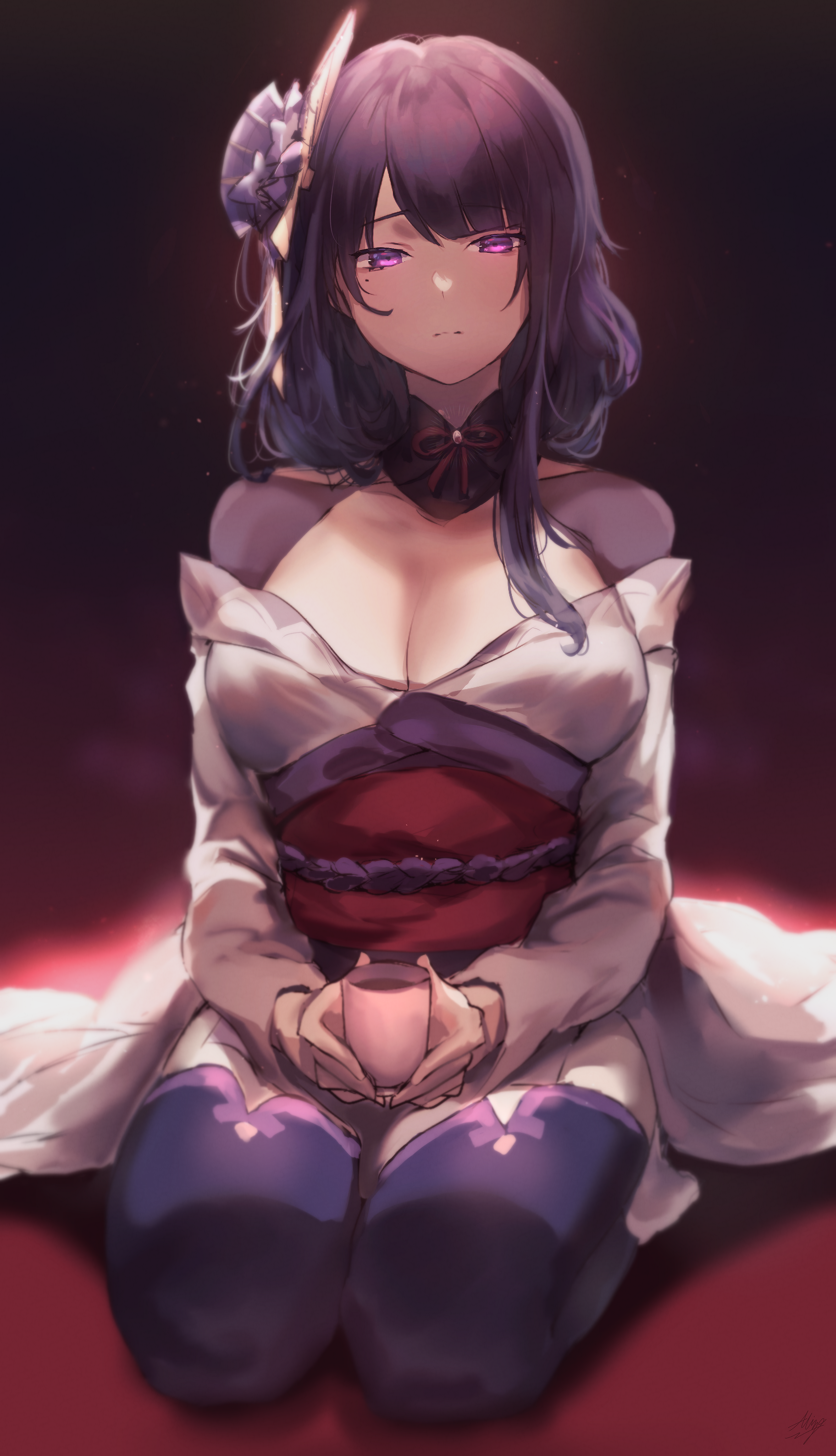 1girl absurdres allze braid breasts bridal_gauntlets choker cleavage commentary cup english_commentary flower full_body genshin_impact hair_flower hair_ornament head_tilt highres holding holding_cup japanese_clothes kimono large_breasts long_sleeves looking_at_viewer low-braided_long_hair low-tied_long_hair messy_hair mitsudomoe_(shape) mole mole_under_eye obi obiage obijime purple_eyes purple_flower purple_hair purple_kimono purple_thighhighs raiden_shogun red_background red_ribbon ribbon ribbon_choker sash seiza shrug_(clothing) signature sitting solo thighhighs tomoe_(symbol) wide_sleeves