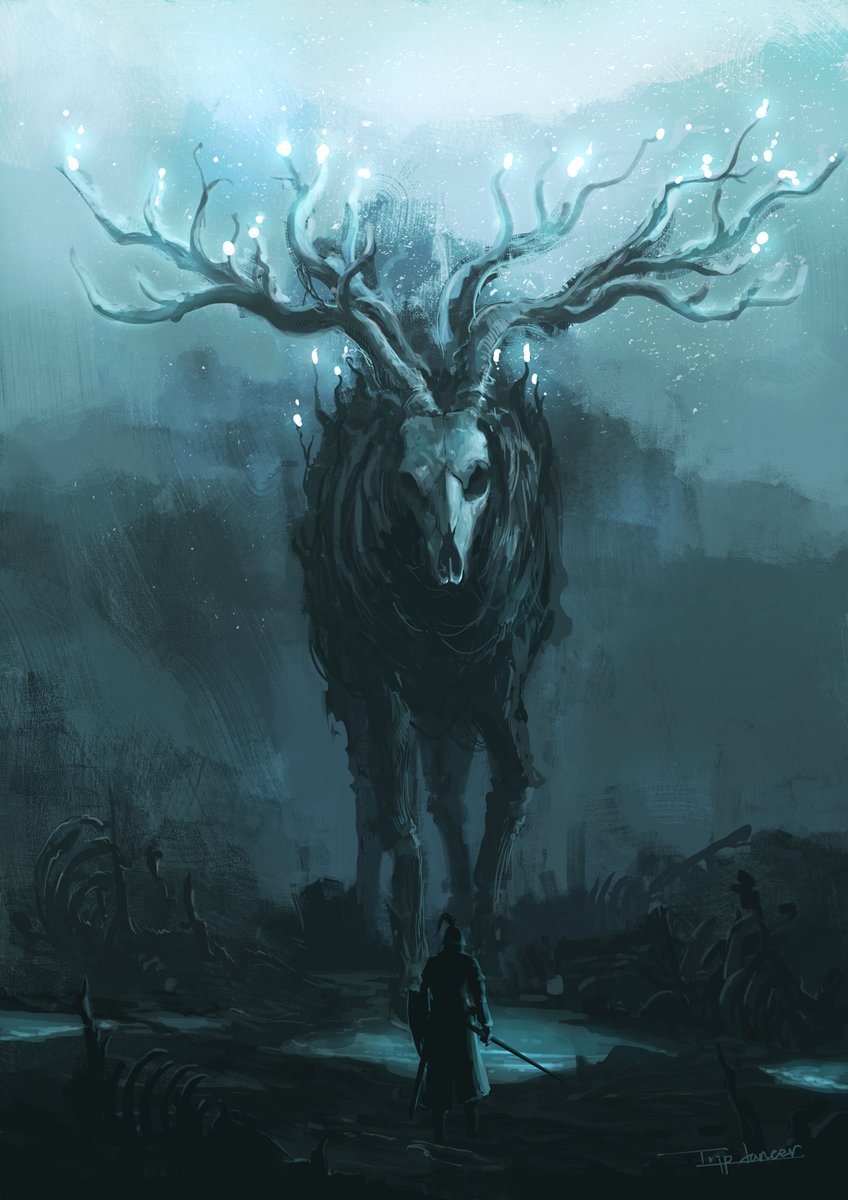 1boy ancestor_spirit_(elden_ring) animal animal_skeleton antlers armor artist_name bloody_wolf_(elden_ring) blue_theme commentary deer divine_entity elden_ring elk emaciated english_commentary exposed_bone full_armor glowing glowing_horns helm helmet highres holding holding_shield holding_sword holding_weapon horns huge_horns shield shoulder_armor signature skeleton sword tarnished_(elden_ring) tripdancer weapon