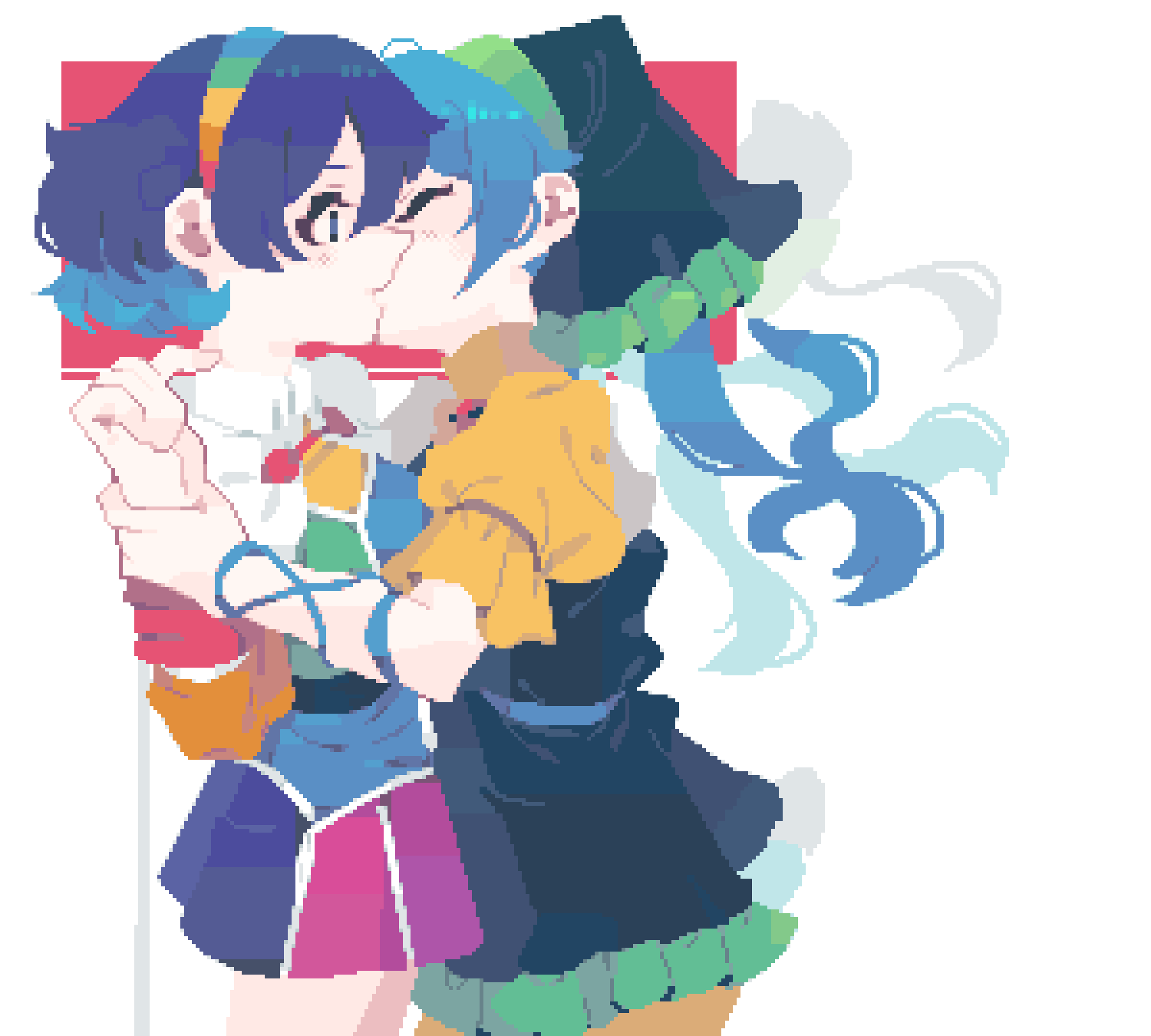 2girls 4qw5 blue_eyes blue_hair commentary cowboy_shot dress from_side green_headscarf green_skirt haniyasushin_keiki head_tilt headband headscarf highres holding_another&#039;s_wrist kiss multicolored_dress multiple_girls pixelated rainbow_hairband shirt short_sleeves simple_background skirt surprised symbol-only_commentary tenkyuu_chimata touhou white_background yellow_shirt yuri