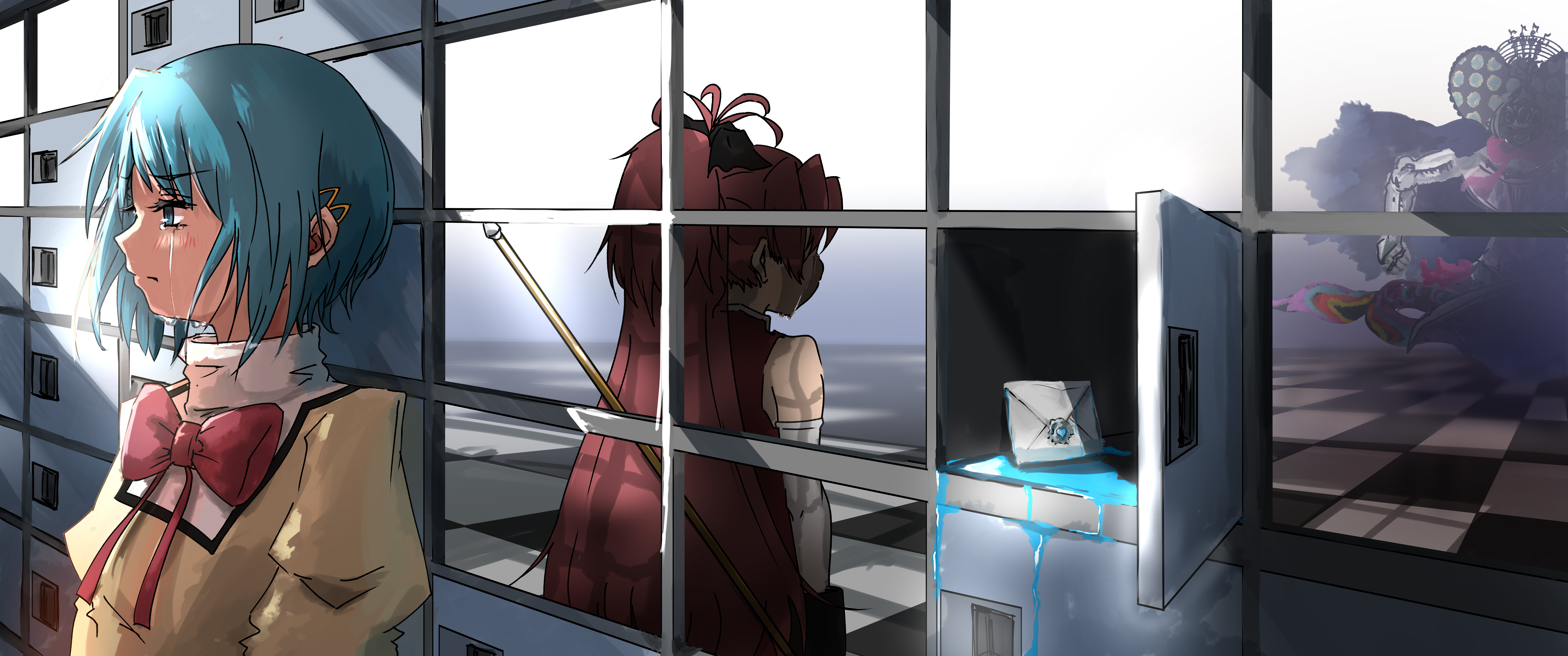 2girls absurdres blue_eyes blue_hair bow bowtie highres letter locker magical_girl mahou_shoujo_madoka_magica medium_hair miki_sayaka mitakihara_school_uniform multiple_girls oktavia_von_seckendorff ponytail red_bow red_bowtie sakura_kyoko sakura_kyoko_(magical_girl) school_uniform takeraka tearing_up witch_(madoka_magica)