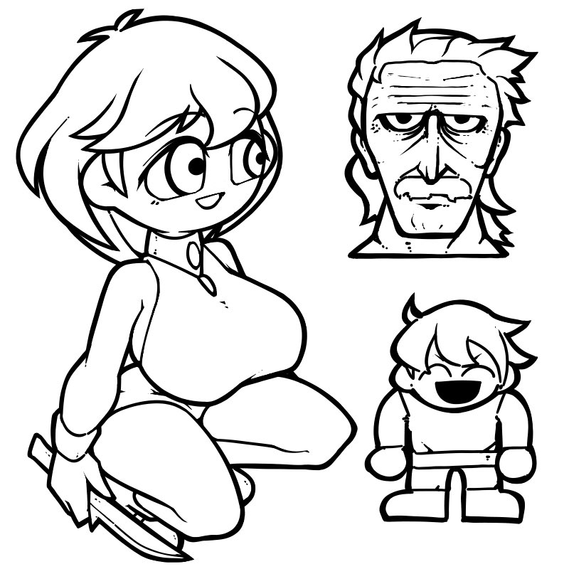 1girl 2boys :d bare_shoulders bartz_klauser bracelet breasts dagger final_fantasy final_fantasy_v galuf_halm_baldesion holding holding_dagger holding_knife holding_weapon jewelry knife large_breasts lenna_charlotte_tycoon lineart monochrome multiple_boys name_omoitukan2 open_mouth short_hair simple_background smile squatting thick_lineart weapon white_background