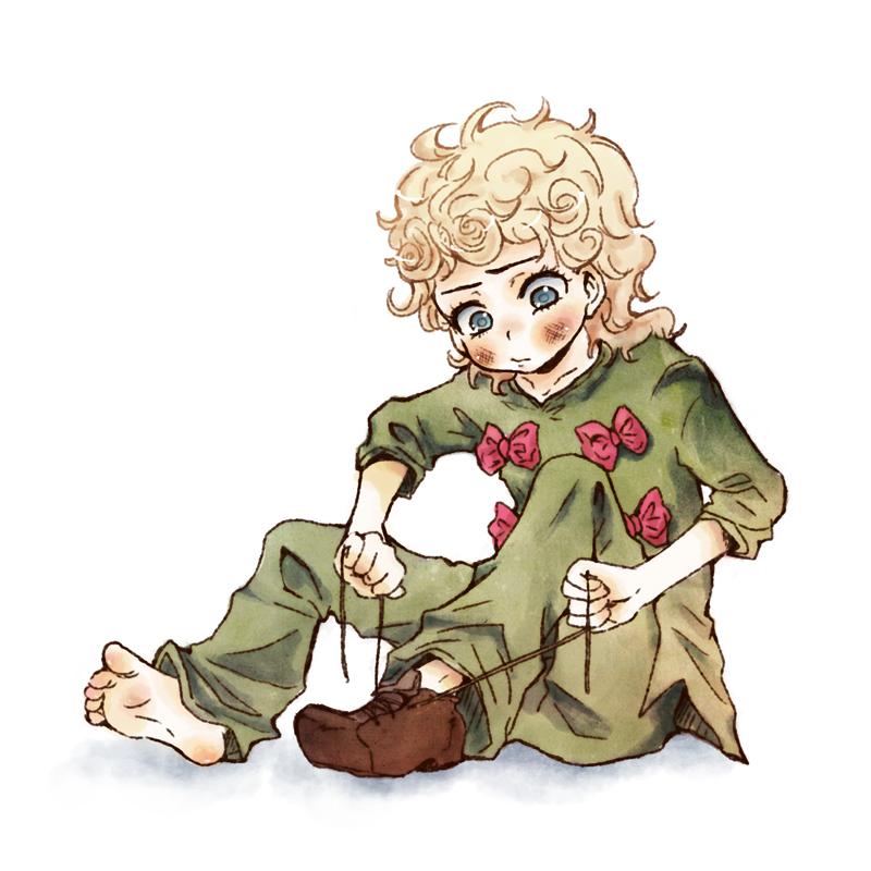 1boy bad_id bad_pixiv_id blonde_hair blue_eyes bow bowtie child diego_brando icoico jojo_no_kimyou_na_bouken male_focus shoes single_shoe solo steel_ball_run tying_shoes aged_down