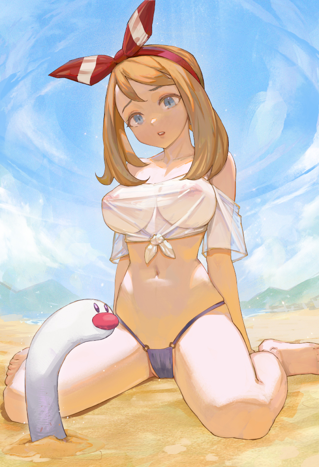 1girl barefoot beach bikini blue_bikini blue_eyes blue_sky breasts brown_hair cloud covered_erect_nipples full_body hairband large_breasts may_(pokemon) mountainous_horizon navel nintendo nipples off-shoulder_shirt off_shoulder outdoors parted_lips pokemon pokemon_rse red_hairband sand see-through_clothes see-through_shirt shirt short_sleeves sitting sky solo swimsuit thighs tied_shirt wariza white_shirt wiglett yugen99