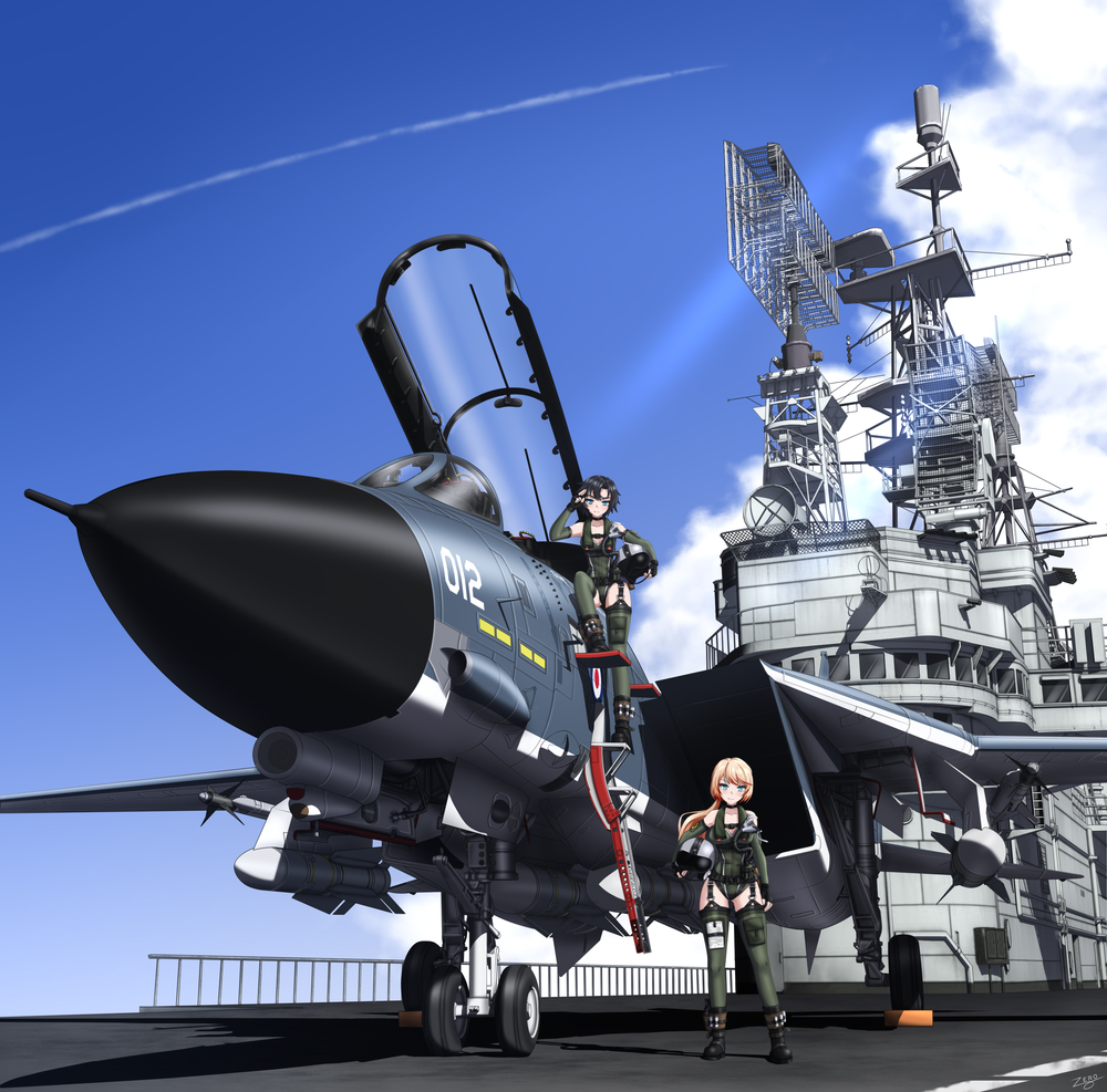 2girls aim-9_sidewinder aircraft aircraft_carrier airplane cloud cloudy_sky commission f-14 f-14_tomcat fighter_jet flight_deck hms_ark_royal_(r09) looking_at_viewer military_uniform military_vehicle multiple_girls original pixiv_commission radar_dish roundel royal_navy ship sky warship watercraft zero_(73ro)