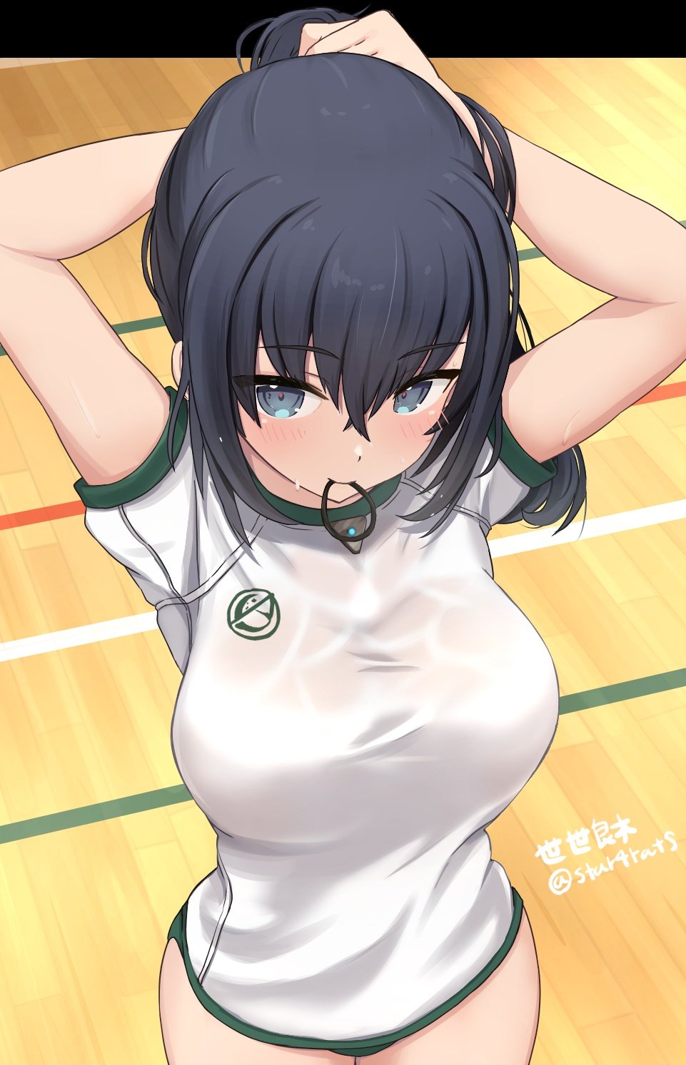 1girl agatsuma_kei alice_gear_aegis arms_behind_head arms_up black_hair breasts buruma green_buruma gym_uniform hair_tie_in_mouth highres large_breasts mouth_hold seseragi_(star4rats) shirt solo tying_hair white_shirt
