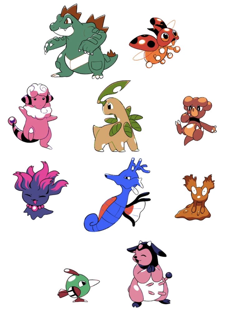 :d bayleef black_eyes bright_pupils claws closed_eyes feraligatr flaaffy gen_2_pokemon kingdra ledyba looking_back magby miltank misdreavus natu nintendo no_humans open_mouth pokemon pokemon_(creature) simple_background slugma smile standing tyako_089 white_background white_pupils