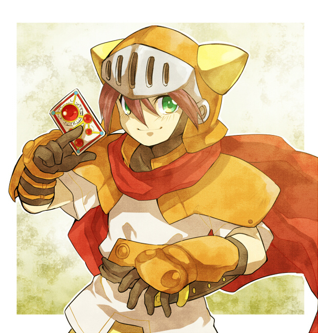 1990s_(style) 1boy adeu_warsam armor brown_hair cape card elbow_gloves gloves green_eyes haou_taikei_ryuu_knight helmet holding holding_card irouha male_focus sheath sheathed shoulder_pads smile solo sword weapon