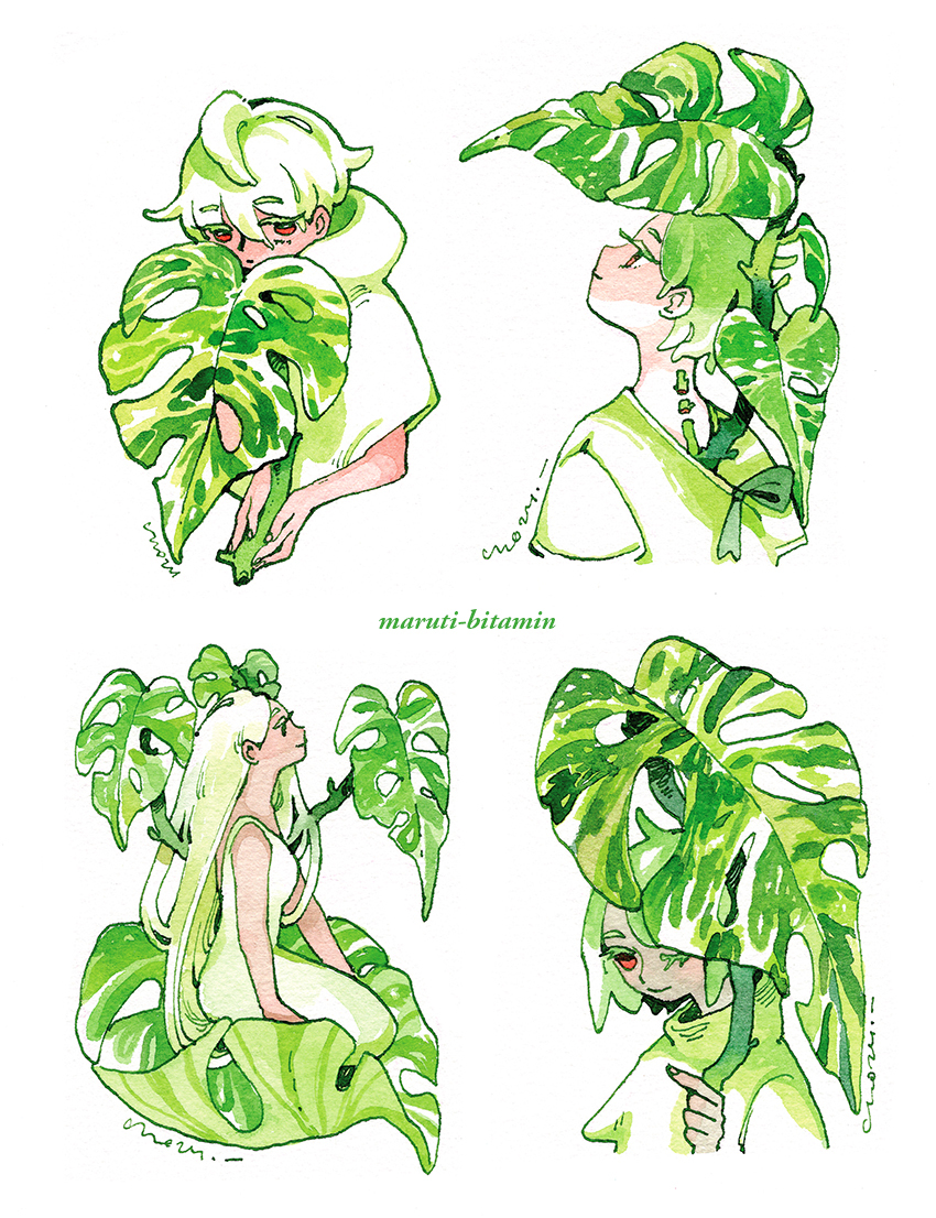 2boys 2girls androgynous artist_name collage dress green_dress green_hair green_hoodie green_shirt green_theme holding holding_plant hood hoodie ink_(medium) leaf light_frown long_hair looking_down looking_up maruti_bitamin monstera_deliciosa multiple_boys multiple_girls on_leaf original painting_(medium) plant red_eyes shirt short_hair simple_background sitting sleeveless sleeveless_dress smile traditional_media watercolor_(medium) white_background white_hair