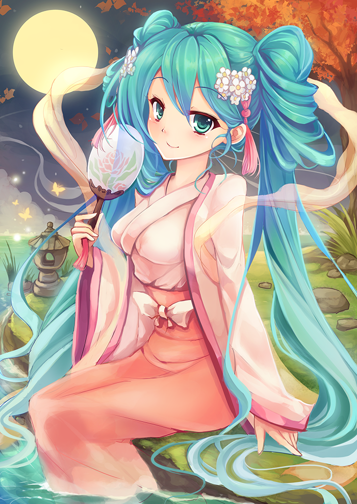 1girl aqua_eyes aqua_hair autumn_leaves bad_id bad_pixiv_id blush breasts bug butterfly chuushuu_meigetsu_miku closed_mouth female_focus floral_print flower from_side full_moon glowing_butterfly goushou grass hair_flower hair_ornament hand_fan hatsune_miku holding holding_fan insect japanese_clothes kimono leaf long_hair long_sleeves looking_at_viewer looking_to_the_side medium_breasts moon night night_sky paper_fan partially_submerged river rock sitting sky smile solo tree twintails uchiwa very_long_hair vocaloid wide_sleeves