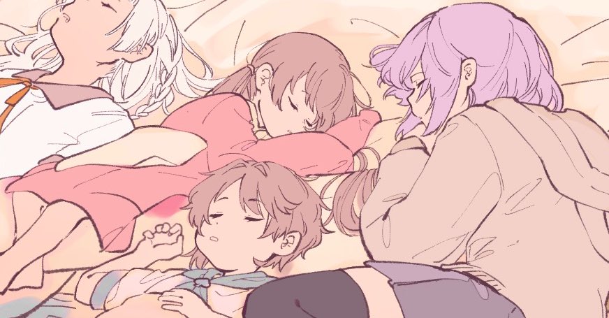 1boy 3girls a.i._voice animal_ears animal_hood black_thighhighs braid brown_cardigan brown_hair cardigan child collared_shirt commentary dress fake_animal_ears flat_color grey_skirt hood kizuna_akari kizuna_akari_(tsubomi) lying mi_no_take miniskirt multiple_girls neck_ribbon on_back on_side orange_ribbon pink_dress pleated_skirt purple_hair rabbit_ears ribbon school_uniform shirt short_hair skirt sleeping thighhighs tsukuyomi_ai tsukuyomi_shouta twintails voiceroid white_hair white_shirt yuzuki_yukari yuzuki_yukari_(shizuku)