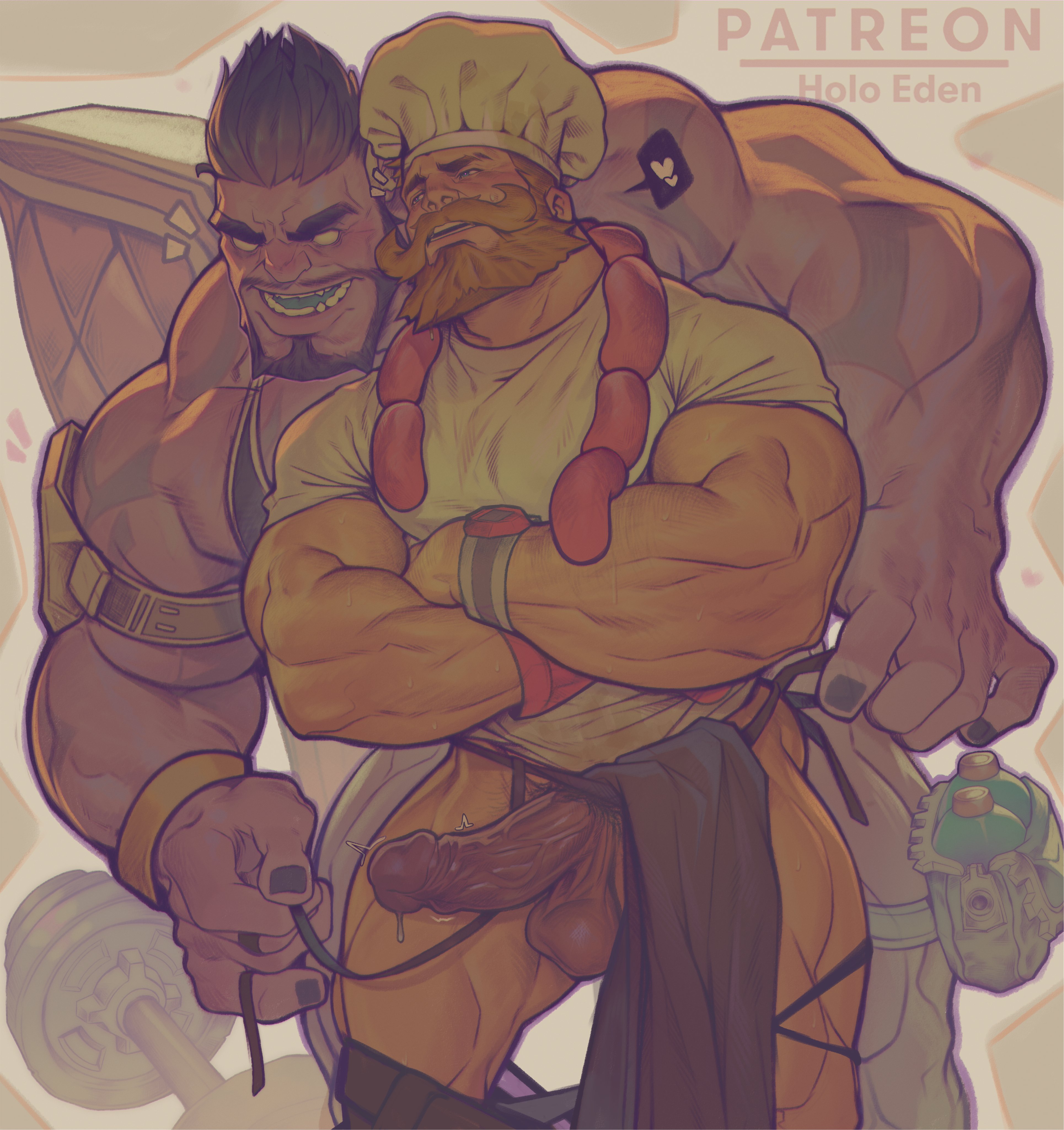 2boys absurdres apron beard black_apron black_hair chef_hat colored_skin crossed_arms dr._mundo erection facial_hair hat highres holo_eden league_of_legends male_focus multiple_boys mustache olaf_(league_of_legends) open_mouth penis purple_skin shirt short_hair testicles waist_apron watch white_shirt wristwatch yaoi