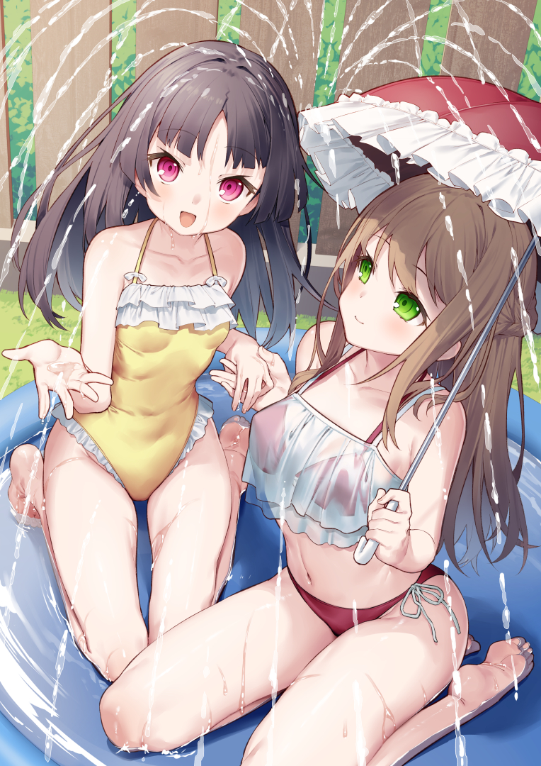 2girls bikini black_hair blush breasts brown_hair collarbone frilled_one-piece_swimsuit frills green_eyes large_breasts looking_at_viewer multiple_girls navel one-piece_swimsuit open_mouth original outdoors red_bikini red_eyes see-through_clothes see-through_shirt shirt sitting small_breasts smile swimsuit tied_shirt tokuno_yuika umbrella wading_pool wariza wet wet_clothes wet_shirt white_shirt yellow_one-piece_swimsuit