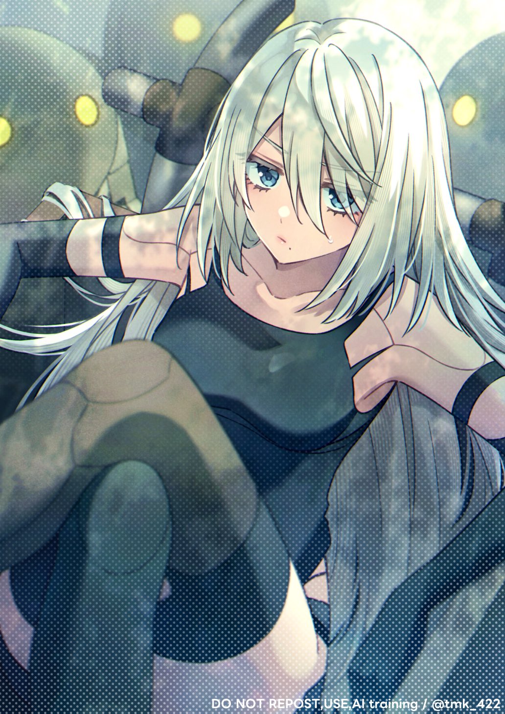 1girl a2_(nier:automata) android blue_eyes breasts closed_mouth commentary_request crossed_legs hair_between_eyes highres humanoid_robot long_hair machine_(nier) medium_breasts mole mole_under_mouth nier:automata nier_(series) robot sitting tamakingx422x v-shaped_eyebrows white_hair yellow_eyes