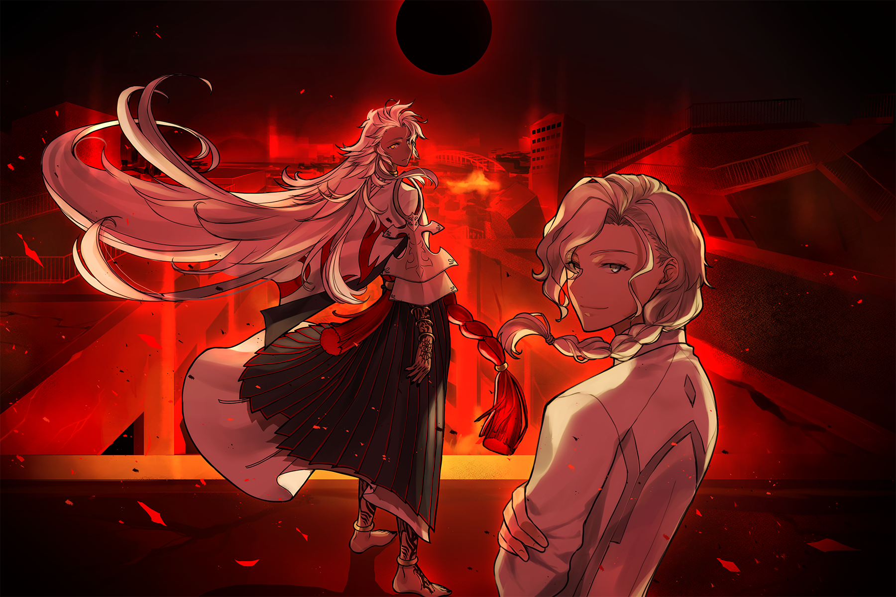 2boys anklet arm_tattoo barefoot black_hair black_nails bracelet braid bridge city commentary crossed_arms dark-skinned_male dark_skin eclipse expressionless eyes_visible_through_hair fate/grand_order fate_(series) fire grey_eyes highres jewelry leg_tattoo long_hair long_sleeves looking_at_viewer looking_back male_focus marisbury_animusphere multiple_boys nail_polish outdoors rubble side_braid single_braid smile solomon_(fate) standing tassel tattoo tenoteno_syumi very_long_hair white_hair wind wind_lift yellow_eyes