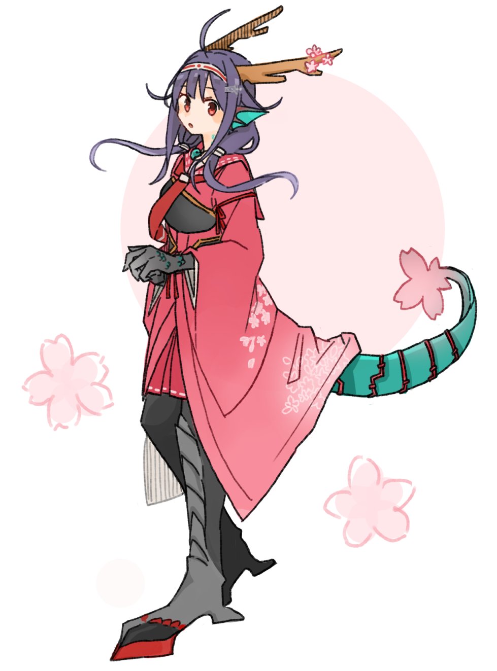 1girl dragon_horns dragon_tail floral_print full_body hair_flaps hakama hakama_skirt highres hinata_hibari horns japanese_clothes kantai_collection kimono long_hair muneate neckerchief pink_kimono purple_hair red_eyes red_hakama red_neckerchief red_sailor_collar rudder_footwear ryuuhou_(kancolle) ryuuhou_kai_ni_(kancolle) sailor_collar skirt solo standing taigei_(kancolle) tail