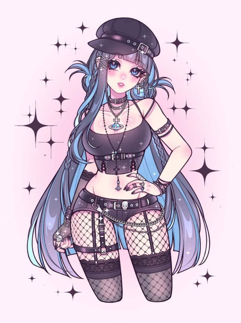 1girl alternate_costume alternate_hairstyle belt black_belt black_choker black_hat black_nails black_shorts black_tank_top blue_eyes blue_hair blush bond_en bondlive braid breasts choker colored_inner_hair commentary commission crop_top cropped_legs cross cross_earrings ear_piercing earrings english_commentary erebus_grey eyelashes fingerless_gloves fishnet_pantyhose fishnets garter_straps gloves hair_ornament hand_on_own_hip hat jewelry large_breasts lips long_hair looking_at_viewer midriff multicolored_hair multiple_rings navel_piercing necklace pantyhose pastelpinkwitch piercing pink_background ring second-party_source short_shorts shorts single_fingerless_glove skull_belt solo streaked_hair tank_top very_long_hair virtual_youtuber x_hair_ornament