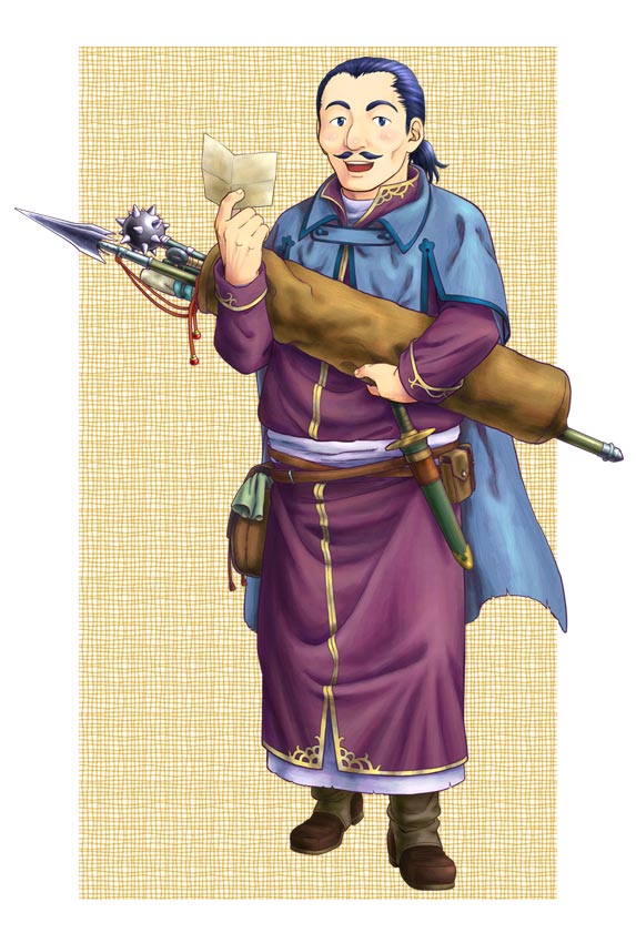 1boy blue_eyes blue_hair blush boots dagger facial_hair fire_emblem fire_emblem:_the_binding_blade fire_emblem:_the_blazing_blade full_body kawamura_kou knife lance mace male_focus merlinus_(fire_emblem) mustache nintendo open_mouth polearm solo weapon