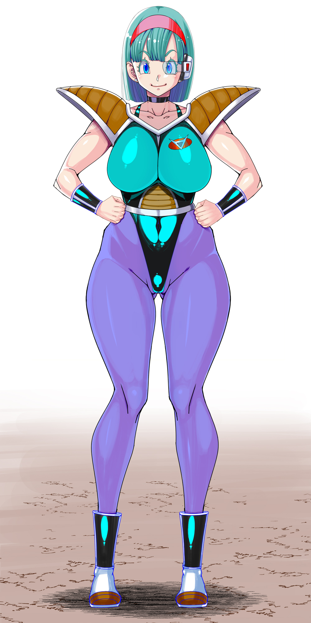 1girl armor artist_request blue-tinted_eyewear blue_eyes blue_hair body_switch boots breasts bulma cameltoe captain_ginyu choker cleavage collarbone curvy dragon_ball dragonball_z earrings female_focus full_body ginyu_force grey_background hairband highleg highleg_leotard highres jewelry kinoko_(pixiv) kinokoallstars large_breasts leotard looking_at_viewer personality_switch purple_legwear scouter short_hair sleeveless smile solo tagme thighs tinted_eyewear white_background wide_hips