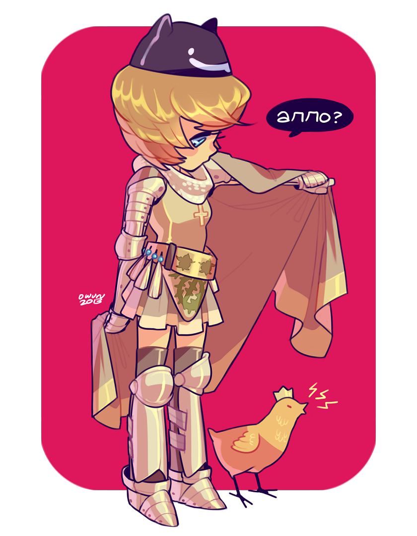 1girl 2013 armor bird blonde_hair blue_eyes breastplate cape chicken commentary cross deviruchi_hat english_commentary full_body gauntlets grey_cape grey_skirt grey_thighhighs hat knight_(ragnarok_online) memoryjoule pauldrons ragnarok_online red_background short_hair shoulder_armor skirt solo standing thighhighs transparent_background two-tone_background