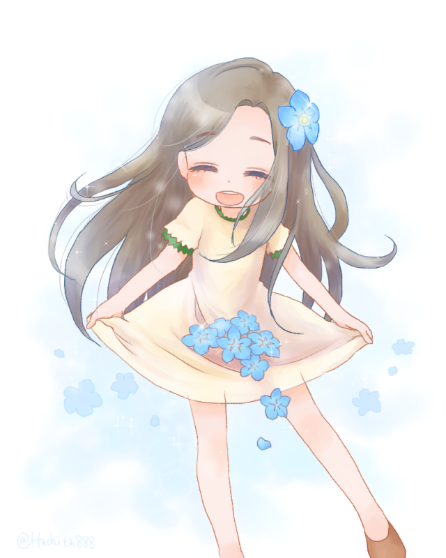10s 1girl brown_hair closed_eyes dress female_focus flower flower_fairy_(osomatsu-kun) flower_girl_(osomatsu-kun) flower_girl_(osomatsu-san) hair_flower hair_ornament mitsuyahachiko osomatsu-kun osomatsu-san osomatsu_(series) petals smile solo