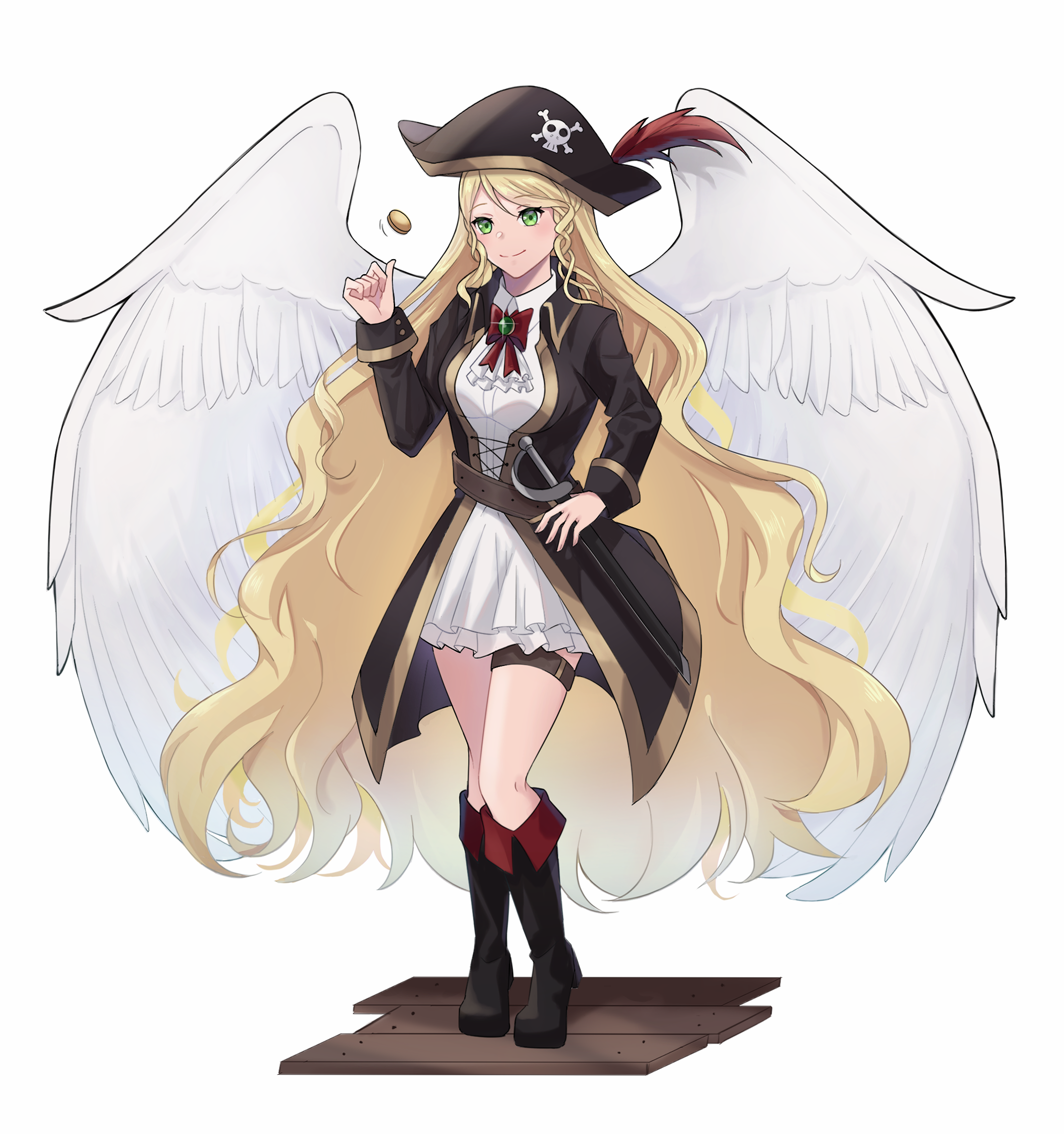 1girl alternate_costume angel_wings ascot blonde_hair bow bowtie commission commissioner_upload feathered_wings feathers fire_emblem fire_emblem:_path_of_radiance fire_emblem:_radiant_dawn green_eyes hat highres leanne_(fire_emblem) legband long_hair looking_at_viewer nintendo pirate pirate_hat smile sword very_long_hair weapon white_background wings witchi