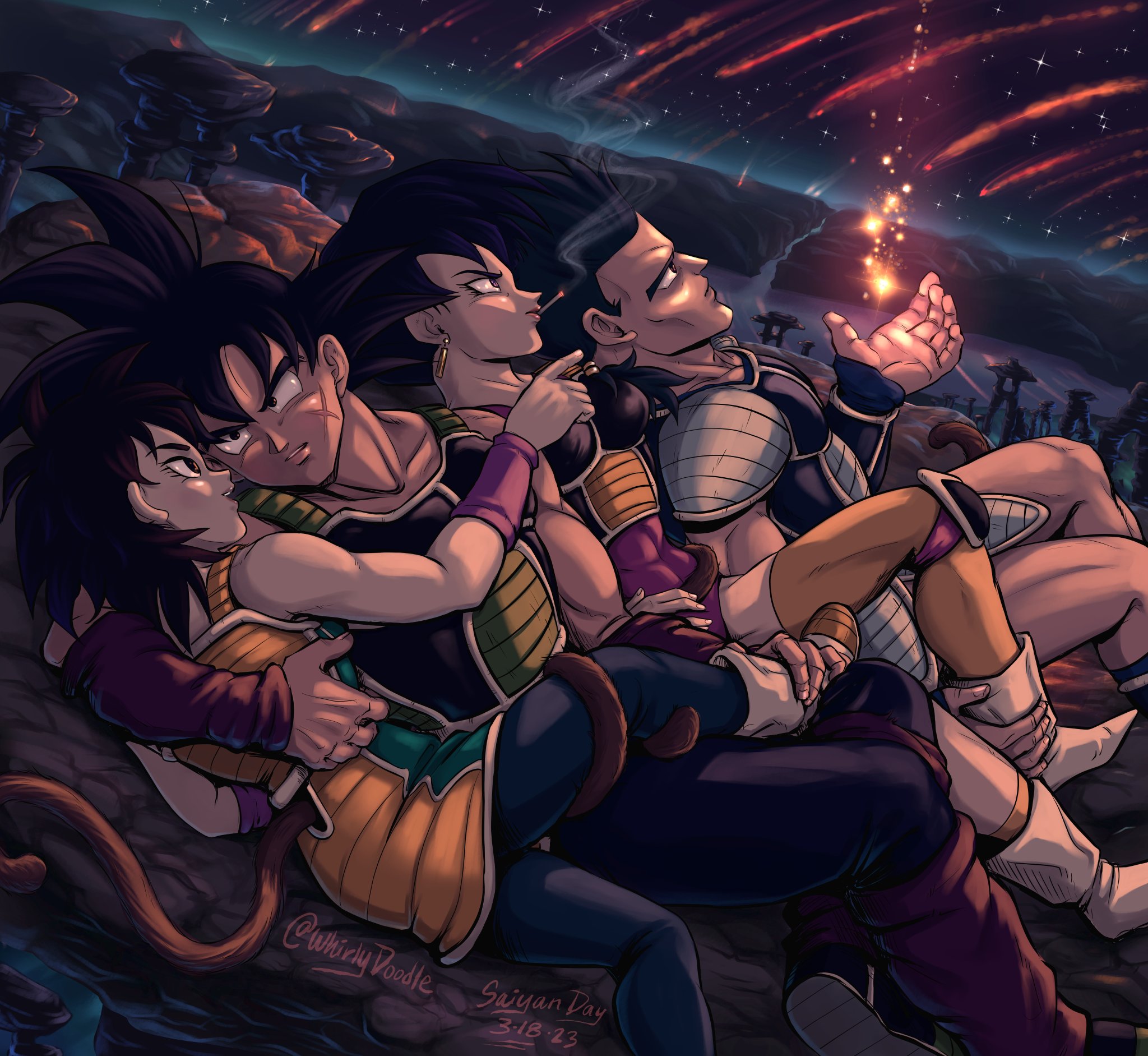 2boys 2girls armor bardock black_eyes black_hair commentary dated dragon_ball dragon_ball_minus dragonball_z earrings english_commentary gine hetero highres hoop_earrings husband_and_wife jewelry lying monkey_tail multiple_boys multiple_girls muscular muscular_male on_back pointing saiyan_armor seripa shooting_star short_hair shoulder_armor signature tail tail_around_another's_leg toma_(dragon_ball) v-shaped_eyebrows whirlydoodle