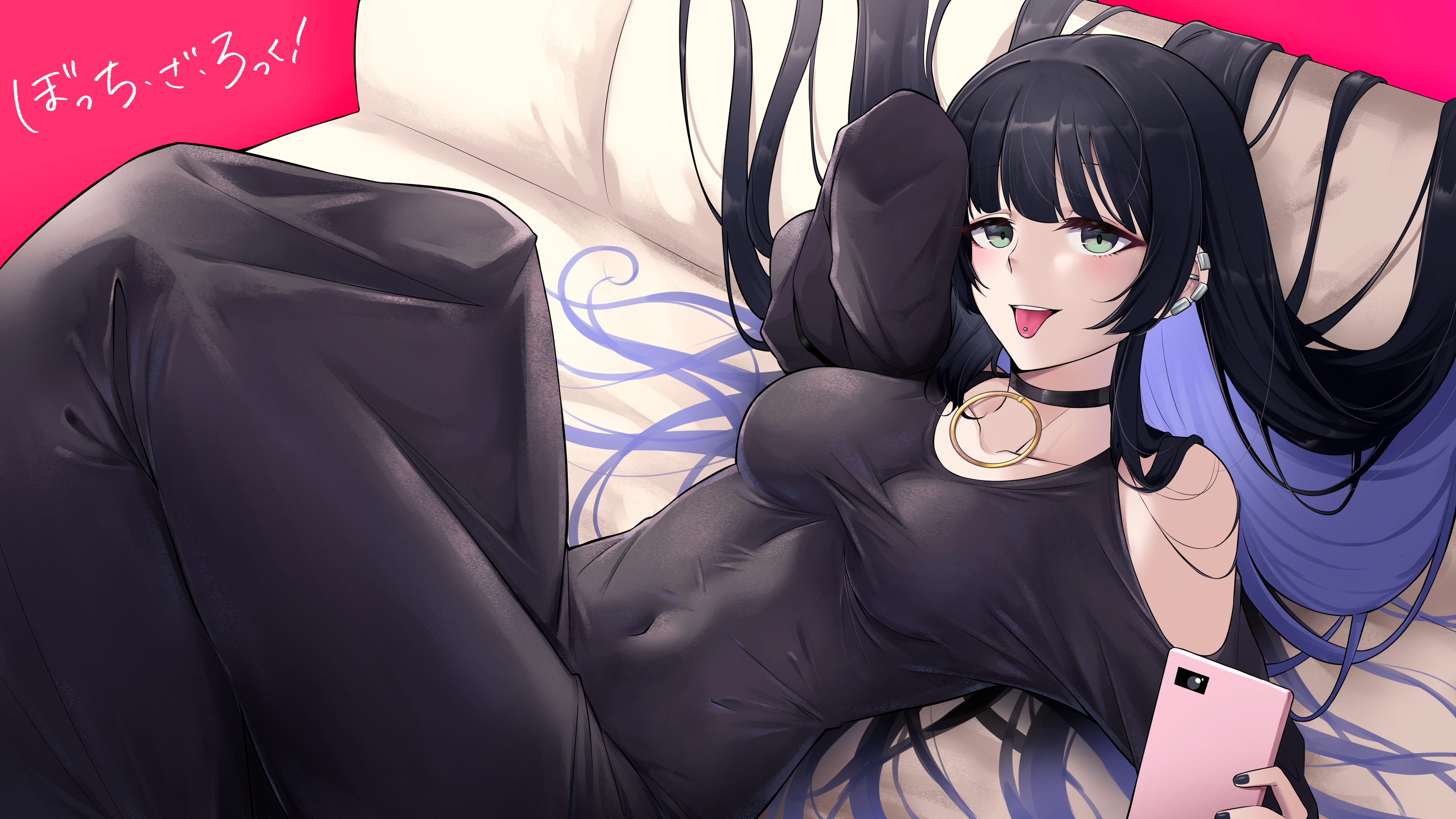 1girl absurdres arm_behind_back barbell_piercing bare_shoulders black_choker black_dress black_hair black_nails blunt_bangs bocchi_the_rock! breasts chin_piercing choker cleavage clothing_cutout collarbone colored_inner_hair couch detached_sleeves dress ear_piercing earrings eyes_visible_through_hair goth_fashion green_eyes hair_between_eyes highres hime_cut holding holding_phone industrial_piercing jewelry labret_piercing large_breasts legs light_blush logo long_hair long_sleeves looking_at_viewer lsf_(805661342) lying mouth_piercing multicolored_hair nail_polish on_couch open_mouth pa-san phone piercing purple_hair see-through_cleavage see-through_clothes simple_background sleeveless sleeveless_dress smile solo straight_hair teeth tongue_piercing upper_teeth_only
