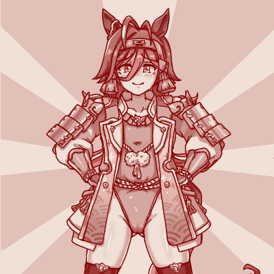 1girl animal_ears antenna_hair armor blush brown_theme closed_mouth coat commentary_request cowboy_shot hair_between_eyes hairband highleg highleg_leotard horse_ears horse_girl leotard long_bangs looking_at_viewer lowres monochrome ninja no_reason_(umamusume) open_clothes open_coat pauldrons shiodanx short_hair shoulder_armor smile solo thighhighs umamusume