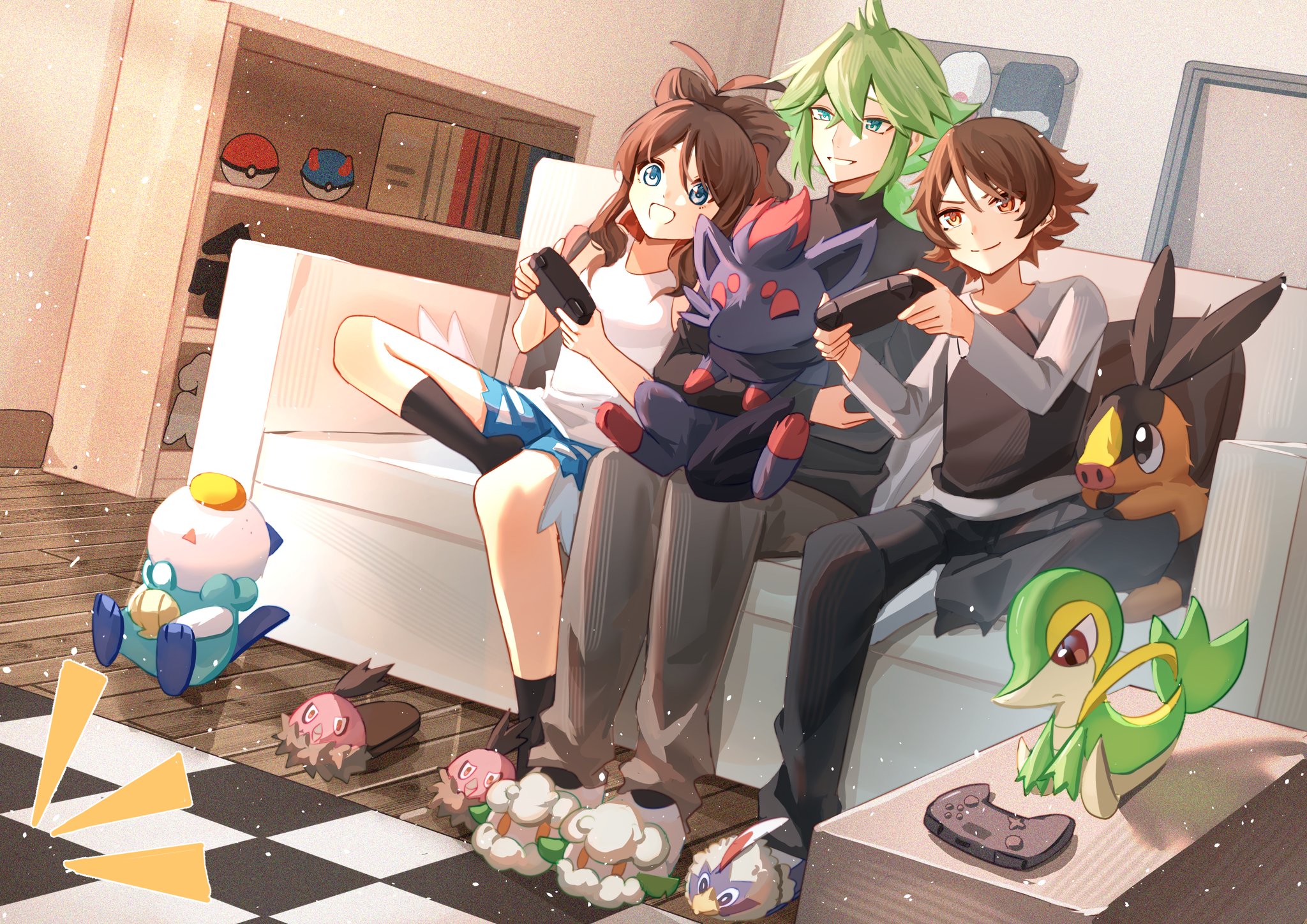 1girl 2boys animal_slippers black_pants blue_eyes bookshelf brown_eyes brown_hair character_request checkered_carpet commentary_request controller couch game_controller gen_5_pokemon great_ball grey_hair hat highres hilbert_(pokemon) hilda_(pokemon) indoors kneehighs long_hair long_sleeves looking_up multiple_boys n_(pokemon) nintendo oshawott pants playing_games poke_ball pokemon pokemon_(creature) pokemon_bw ponytail short_hair short_shorts shorts single_slipper slippers snivy socks tank_top tepig unworn_hat unworn_headwear vullaby white_socks wildou_p zorua