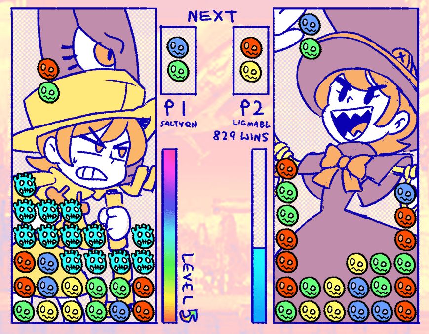 cyborg english_text hat hungern_(skullgirls) jonathan_kim looking_at_another open_mouth orange_hair parody peacock_(skullgirls) puyopuyo sharp_teeth short_hair skullgirls smile teeth umbrella_(skullgirls) upper_body