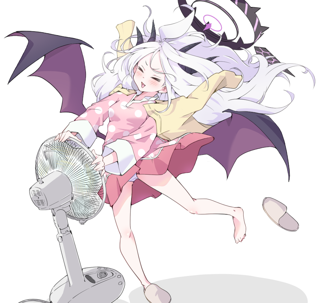 &gt;_&lt; 1girl :d blue_archive blush cardigan cardigan_on_shoulders commentary_request demon_girl demon_horns demon_wings electric_fan forehead halo happy hina_(blue_archive) hina_(pajamas)_(blue_archive) holding horns long_hair long_sleeves mosuke1221 official_alternate_costume official_alternate_hairstyle open_mouth pajamas panties pantyshot parted_bangs pink_pajamas playing polka_dot polka_dot_pajamas sidelocks simple_background slippers smile solo toes underwear unworn_slippers wavy_hair white_background white_hair white_panties wind wings xd yellow_cardigan