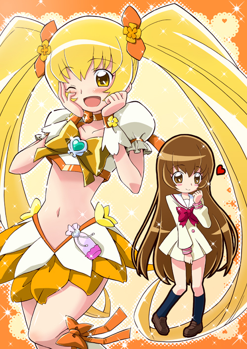 10s 2girls :d blonde_hair boots bow brooch brown_eyes brown_hair choker cure_sunshine dress dual_persona earrings flower full_body hair_ribbon happy heart heart_brooch heartcatch_precure! jewelry kneehighs lace long_hair magical_girl midriff multiple_girls myoudouin_itsuki navel one_eye_closed open_mouth orange_bow orange_skirt precure ribbon school_uniform shoes skirt smile socks sparkle twintails two-tone_background wink wrist_cuffs yellow_bow yellow_eyes yuuma_(artist) yuuma_(skirthike)