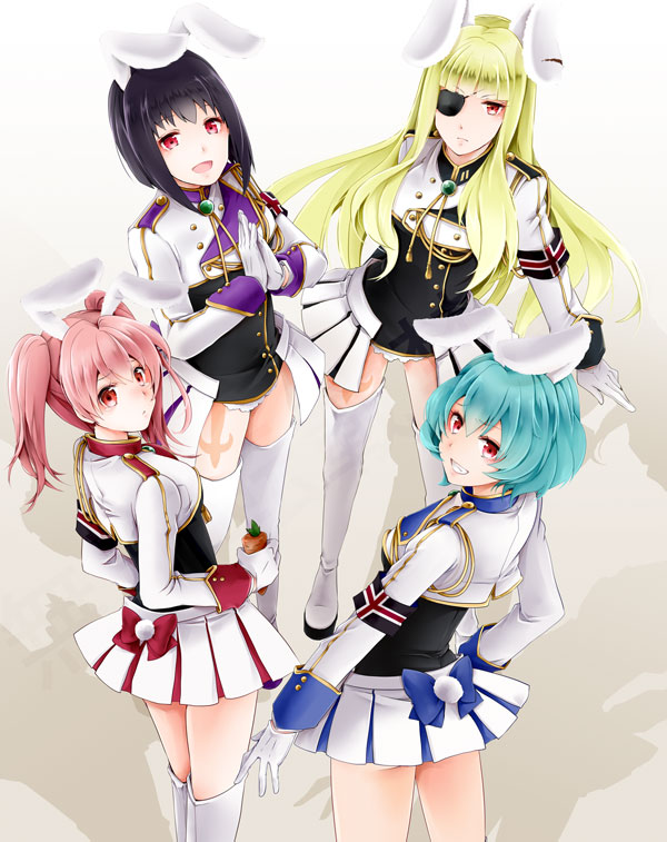 4girls :d akatsuki_hijiri animal_ears aqua_hair black_hair blonde_hair boots rabbit_ears rabbit_tail carrot chiester00 chiester410 chiester45 chiester556 chiester_sisters eyepatch gloves grin leotard looking_back multiple_girls open_mouth pink_hair pleated_skirt red_eyes skirt smile tail thigh_boots thighhighs twintails umineko_no_naku_koro_ni white_footwear white_gloves white_legwear
