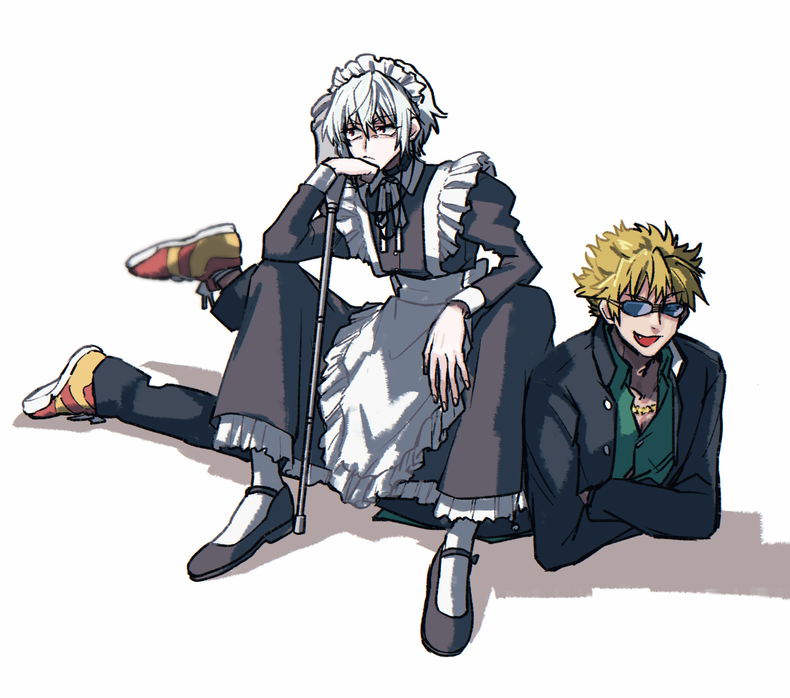 2boys a_certain_high_school_uniform accelerator_(toaru_majutsu_no_index) albino alternate_costume androgynous annoyed apron black_choker black_dress black_footwear black_jacket black_pants blonde_hair cane choker crossdressing dress electrodes frilled_apron frills frown full_body green_shirt holding holding_cane holding_crutch jacket knees_up long_sleeves looking_to_the_side maid maid_apron maid_headdress male_maid mary_janes multiple_boys neck_ribbon open_mouth pale_skin pants puffy_sleeves red_eyes ribbon sanpaku school_uniform shadow shirt shoes short_hair sitting sitting_on_person smile sneakers spiked_hair squatting sunglasses t_(ttkxxx) toaru_majutsu_no_index toaru_majutsu_no_index:_old_testament tsuchimikado_motoharu waist_apron white_apron white_background white_hair yellow_shoes