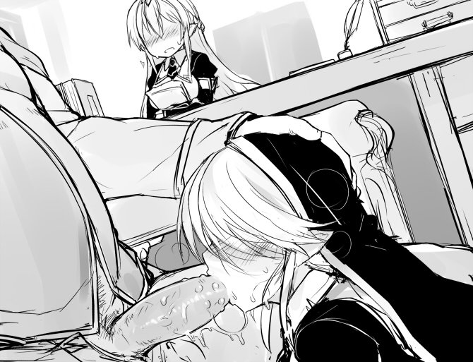 1boy 2girls blush braid clothed_sex desk dress fat fat_man fellatio greyscale habit hair_over_eyes hand_on_another&#039;s_head hetero licking lilia_(null) long_hair looking_at_another monochrome multiple_girls null_(nyanpyoun) nun open_fly oral original penis pointy_ears sitting sketch spiked_penis table uncensored under_table unzipped