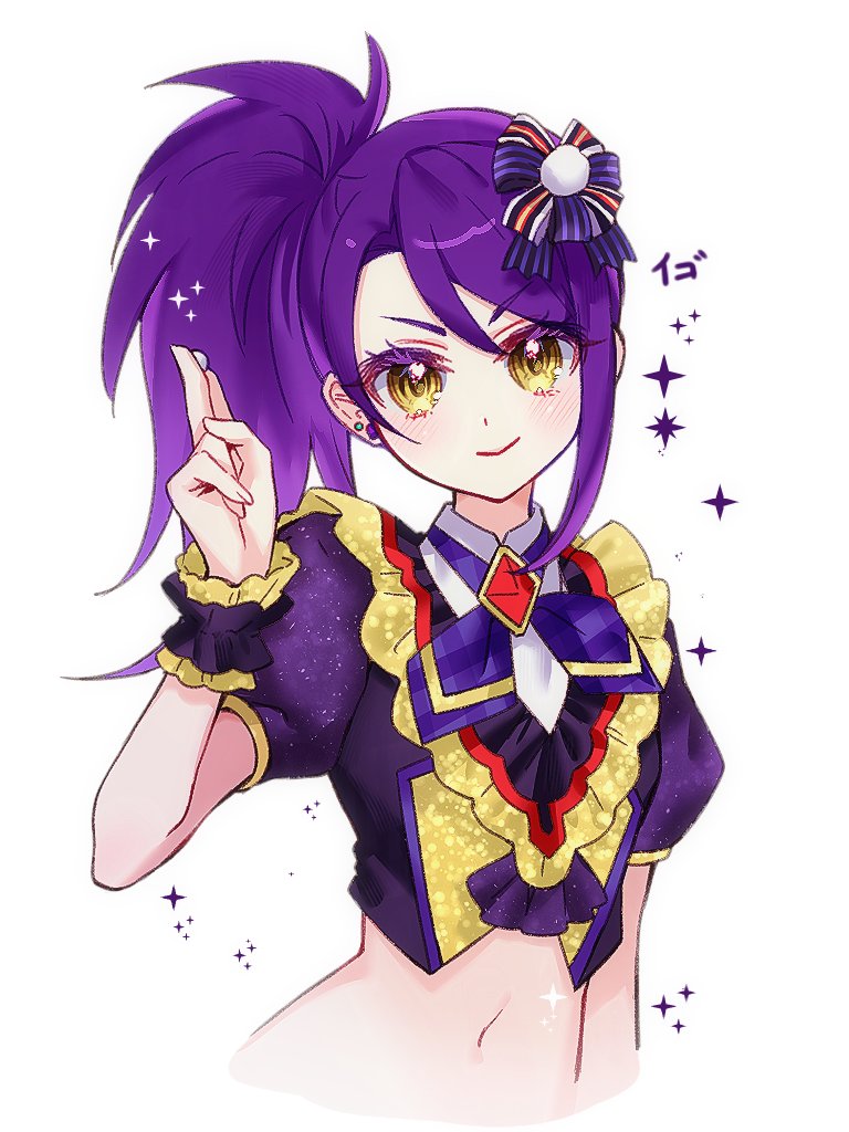 1girl bow chuu0105 closed_mouth cropped_jacket cropped_torso hair_bow hand_up holding idol_clothes jacket long_hair looking_at_viewer navel neckerchief pretty_series pripara puffy_short_sleeves puffy_sleeves purple_hair purple_jacket purple_neckerchief short_sleeves side_ponytail simple_background smile solo toudou_shion upper_body white_background wrist_cuffs yellow_eyes