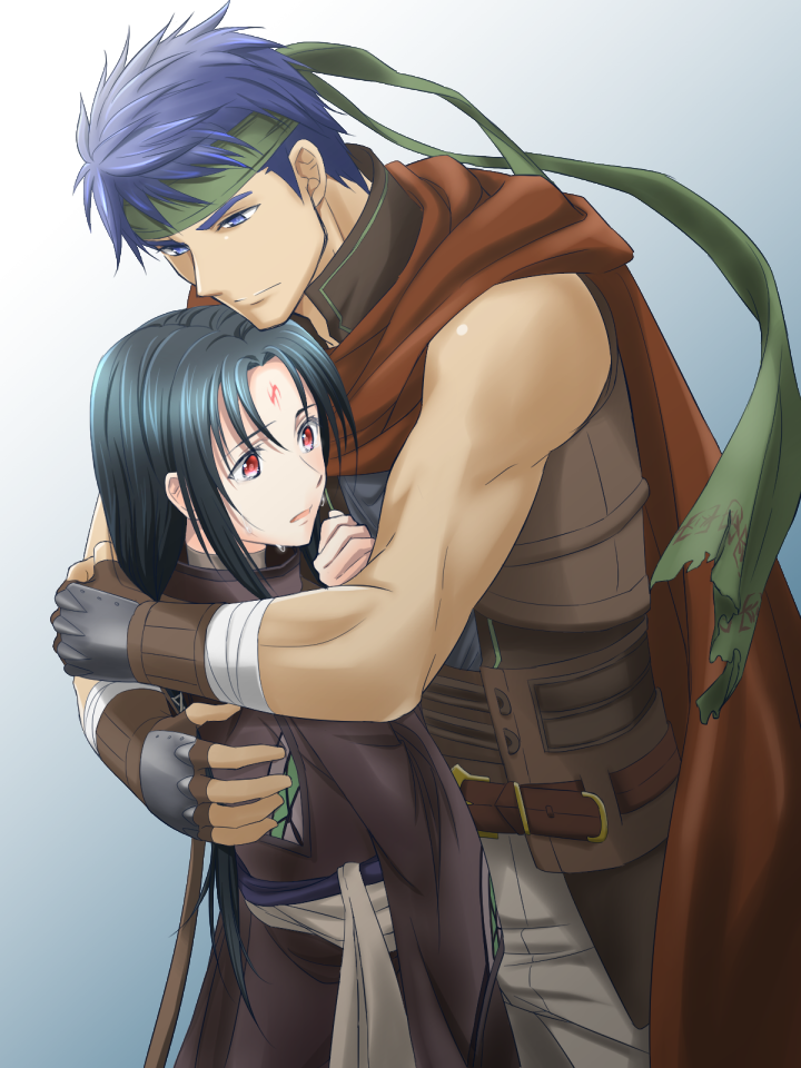 2boys black_hair blue_eyes blue_hair cape commentary_request crying facial_mark fire_emblem fire_emblem:_radiant_dawn forehead_mark gradient_background green_headband headband height_difference hug ike_(fire_emblem) kakiko210 long_hair male_focus multiple_boys nintendo red_eyes short_hair soren_(fire_emblem) yaoi