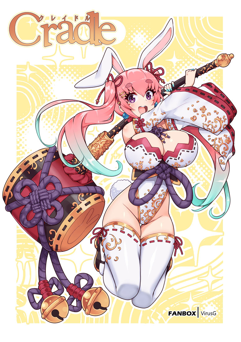 1girl breasts commission japanese_clothes large_breasts leotard miko original playboy_bunny solo twintails virus-g