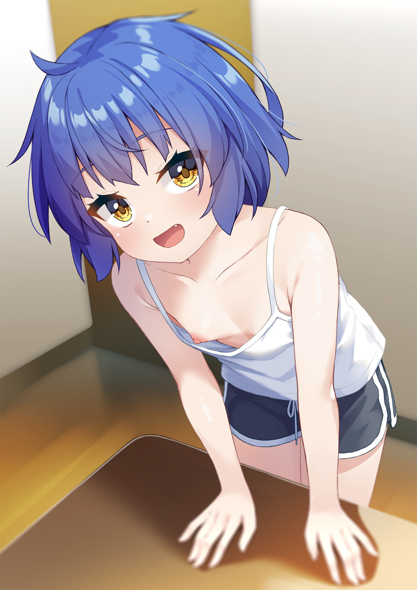 1girl :d bare_arms bare_shoulders black_shorts blue_hair breasts brown_eyes camisole collarbone downblouse fang gochuumon_wa_usagi_desu_ka? highres indoors jouga_maya leaning_forward loli looking_at_viewer open_mouth short_shorts shorts small_breasts smile solo standing white_camisole win_opz wooden_floor