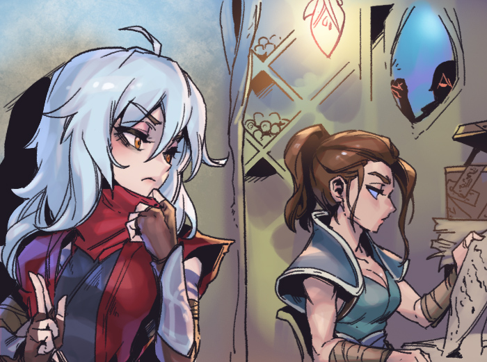 2girls ahoge breasts brown_gloves cleavage fingerless_gloves frown genderswap genderswap_(mtf) gloves green_shirt grey_hair hair_between_eyes hiding holding holding_paper indoors jacket large_breasts league_of_legends long_hair multiple_girls no_pupils open_clothes open_jacket paper phantom_ix_row red_eyes red_jacket shen_(league_of_legends) shirt upper_body zed_(league_of_legends)